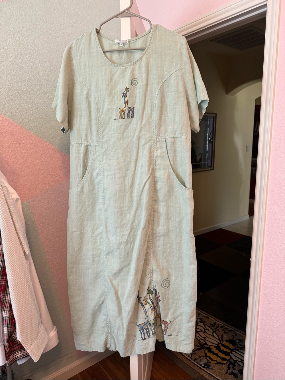 Light Sage Linen Dress with colorful Giraffe Print